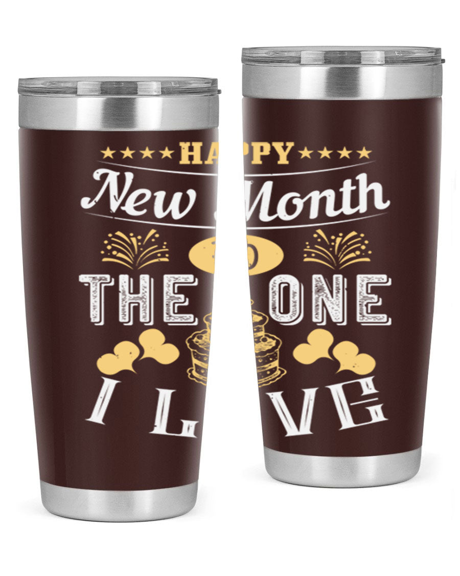 Happy New Month tumbler featuring a stylish design, available in 20oz and 30oz sizes, made from stainless steel with a drink-thru lid.