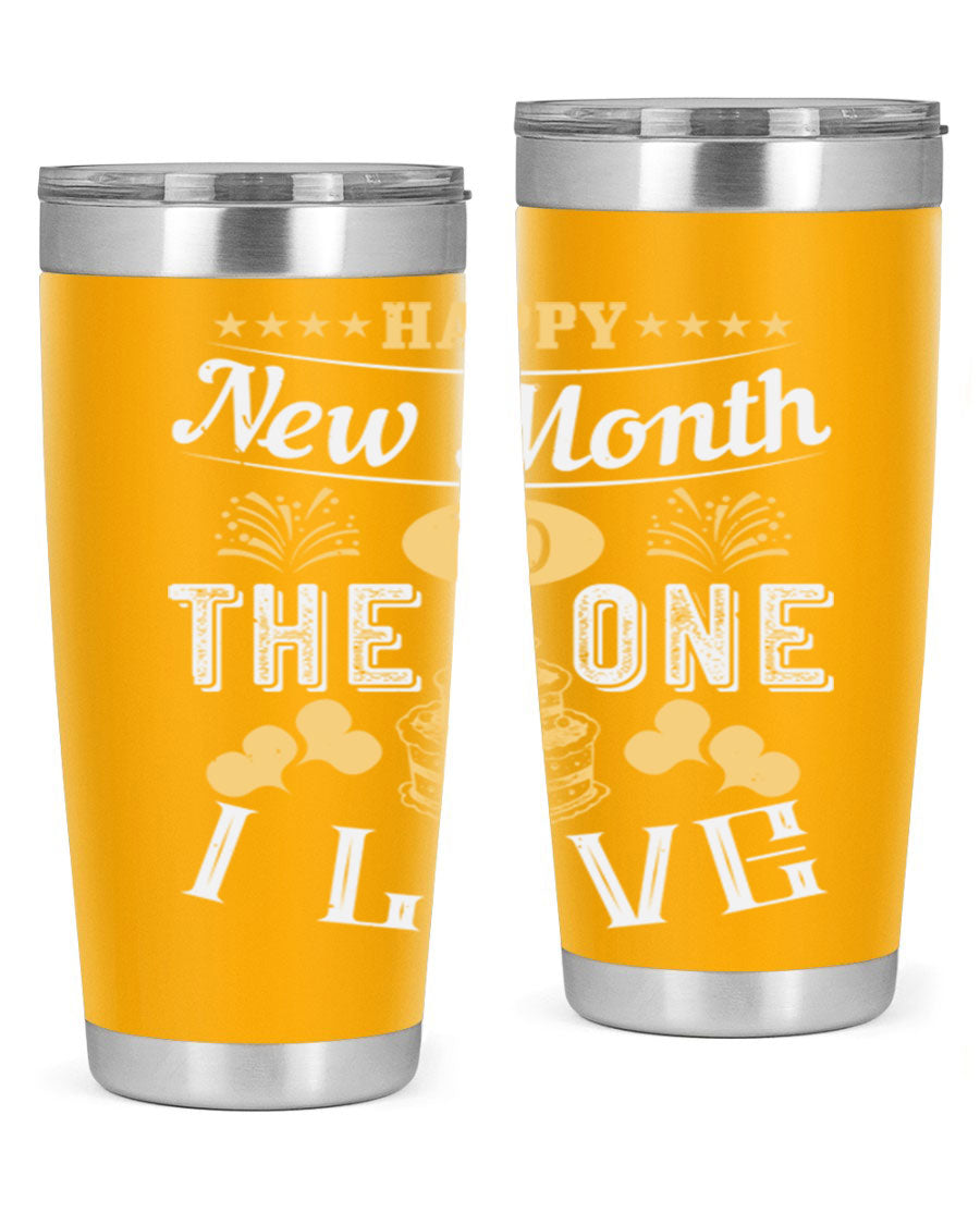 Happy New Month tumbler featuring a stylish design, available in 20oz and 30oz sizes, made from stainless steel with a drink-thru lid.