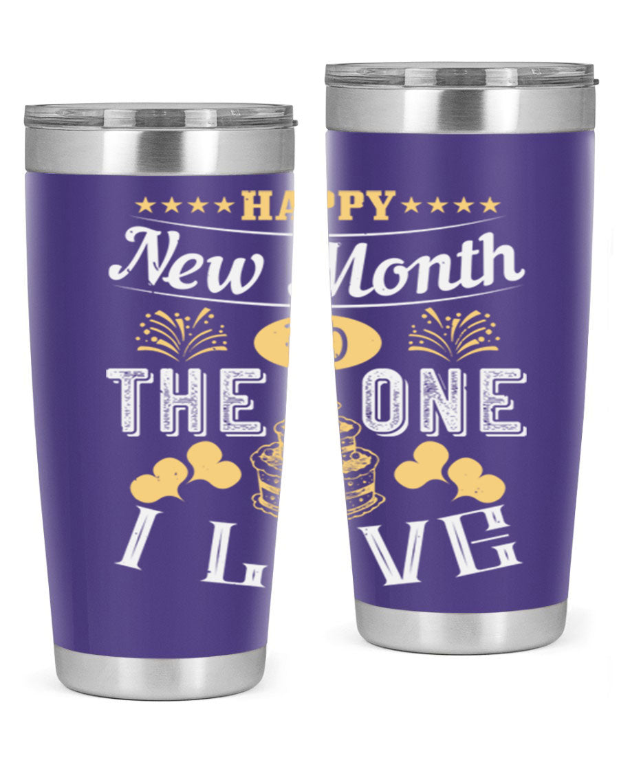 Happy New Month tumbler featuring a stylish design, available in 20oz and 30oz sizes, made from stainless steel with a drink-thru lid.