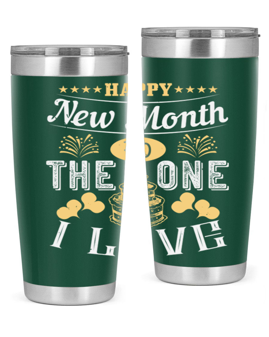 Happy New Month tumbler featuring a stylish design, available in 20oz and 30oz sizes, made from stainless steel with a drink-thru lid.