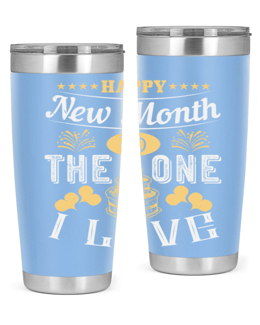 Happy New Month tumbler featuring a stylish design, available in 20oz and 30oz sizes, made from stainless steel with a drink-thru lid.