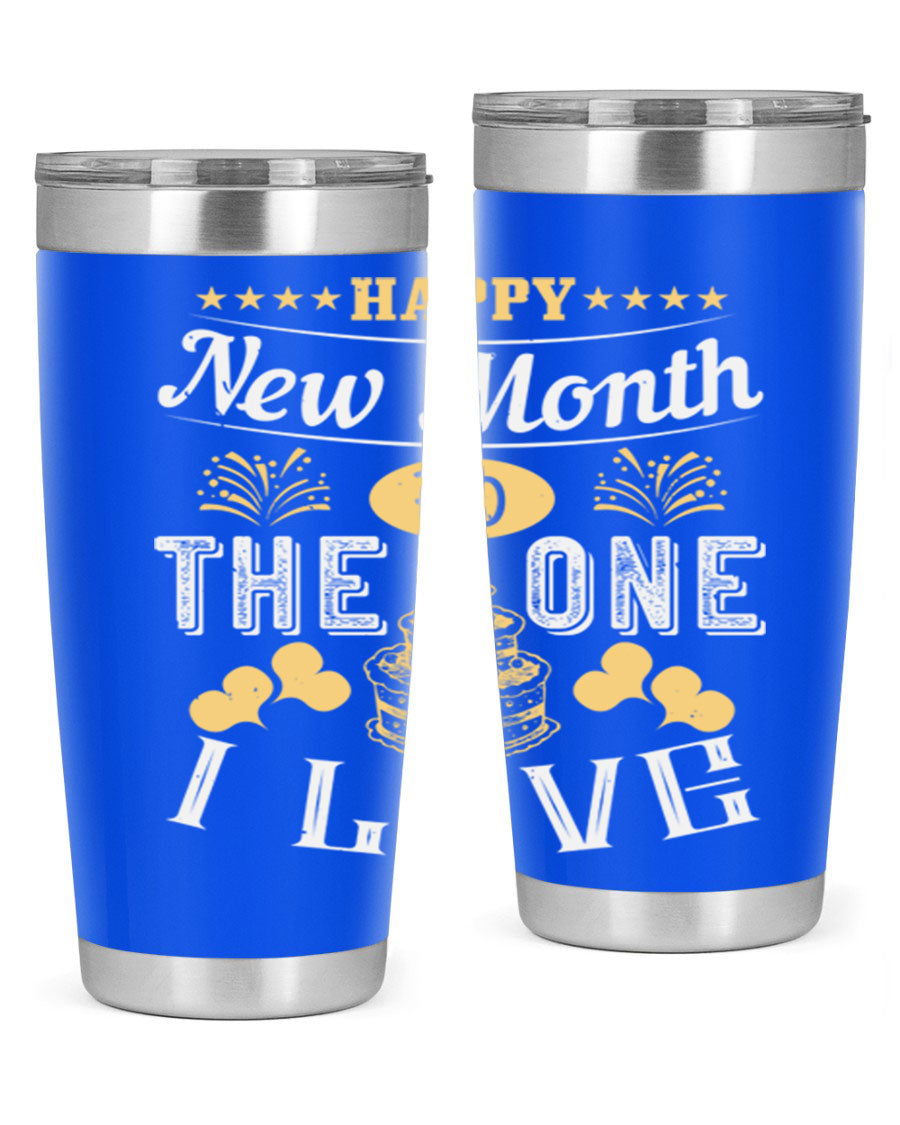 Happy New Month tumbler featuring a stylish design, available in 20oz and 30oz sizes, made from stainless steel with a drink-thru lid.