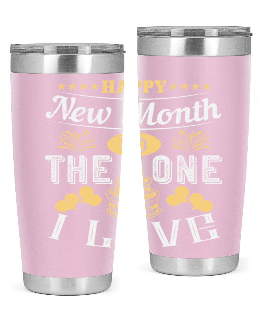 Happy New Month tumbler featuring a stylish design, available in 20oz and 30oz sizes, made from stainless steel with a drink-thru lid.