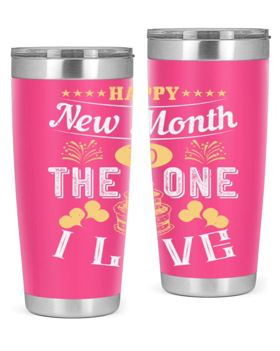 Happy New Month tumbler featuring a stylish design, available in 20oz and 30oz sizes, made from stainless steel with a drink-thru lid.