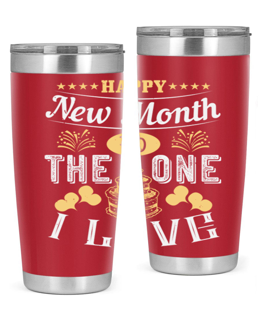 Happy New Month tumbler featuring a stylish design, available in 20oz and 30oz sizes, made from stainless steel with a drink-thru lid.