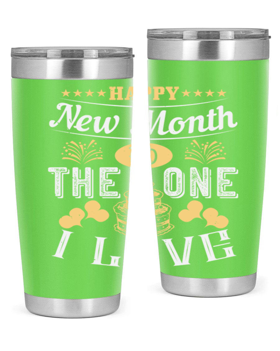 Happy New Month tumbler featuring a stylish design, available in 20oz and 30oz sizes, made from stainless steel with a drink-thru lid.