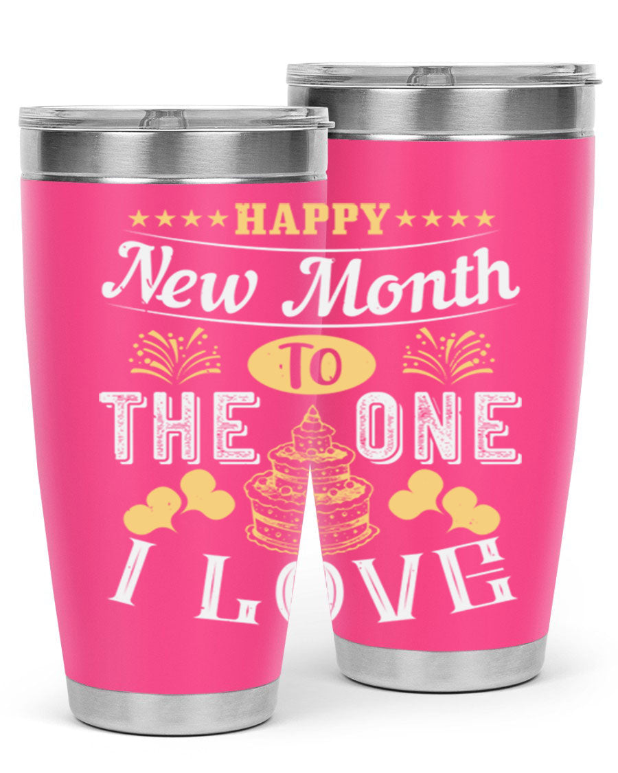 Happy New Month tumbler featuring a stylish design, available in 20oz and 30oz sizes, made from stainless steel with a drink-thru lid.