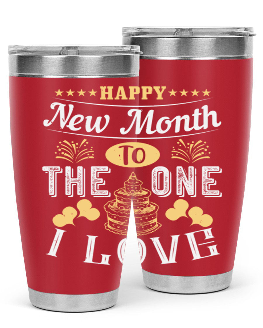 Happy New Month tumbler featuring a stylish design, available in 20oz and 30oz sizes, made from stainless steel with a drink-thru lid.