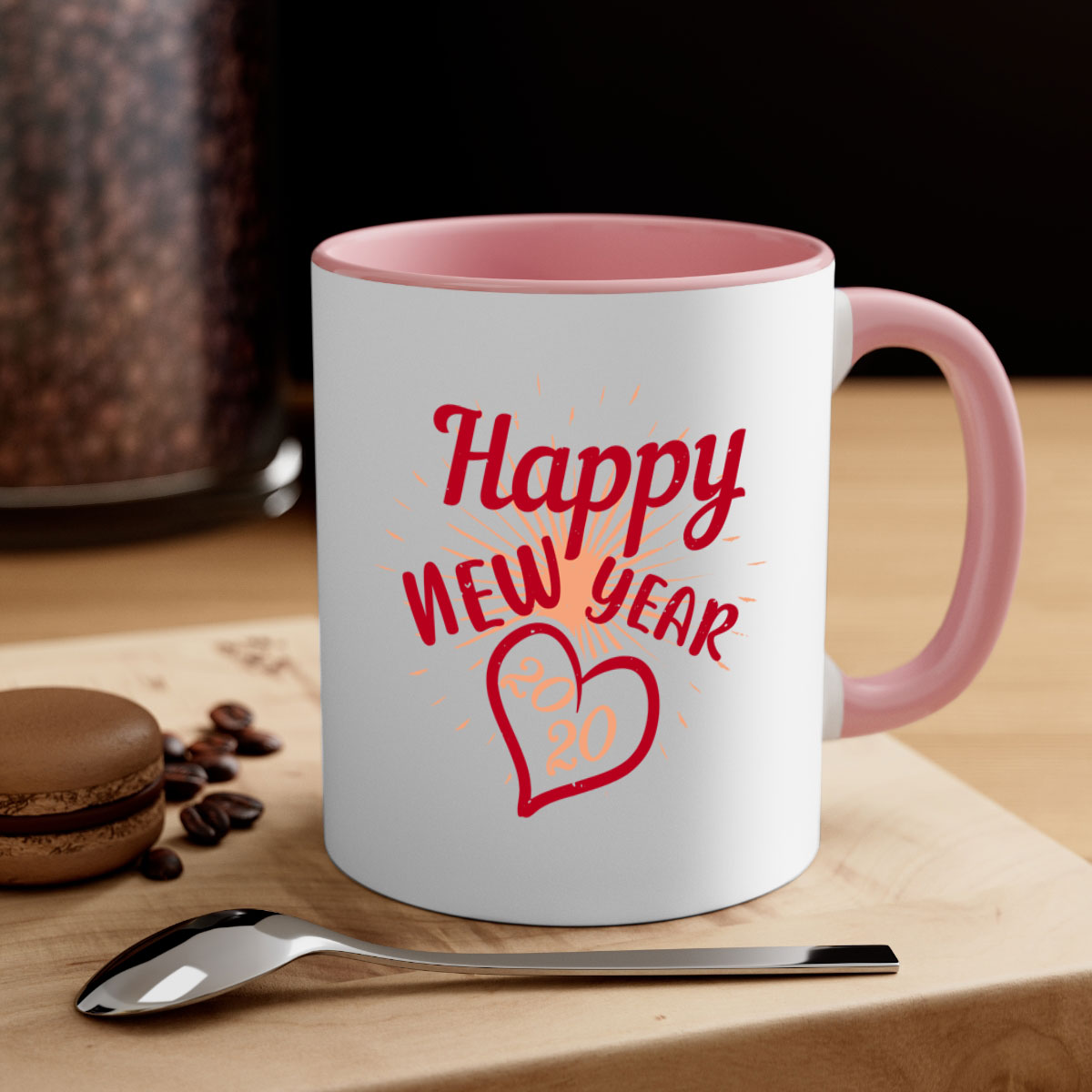 Happy New Year 431# Mug with colorful handle and glossy finish, available in multiple colors and sizes.