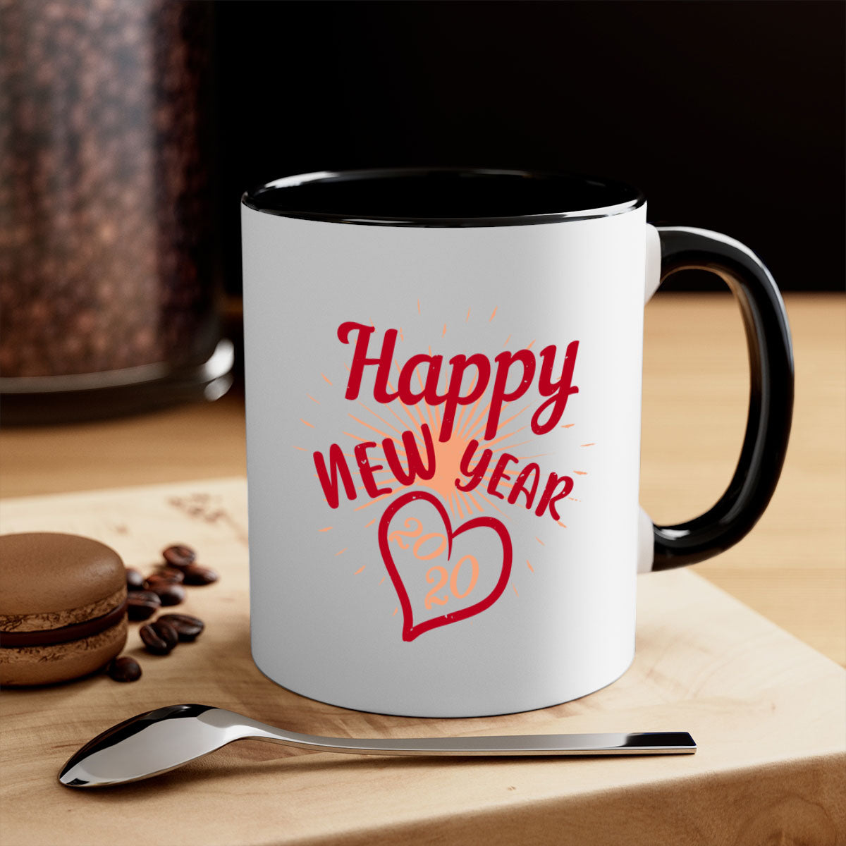 Happy New Year 431# Mug with colorful handle and glossy finish, available in multiple colors and sizes.