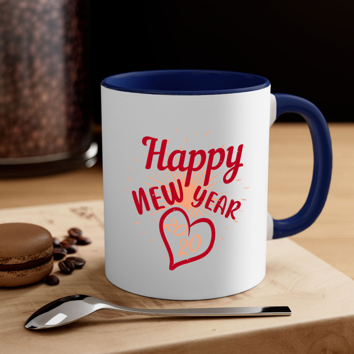 Happy New Year 431# Mug with colorful handle and glossy finish, available in multiple colors and sizes.