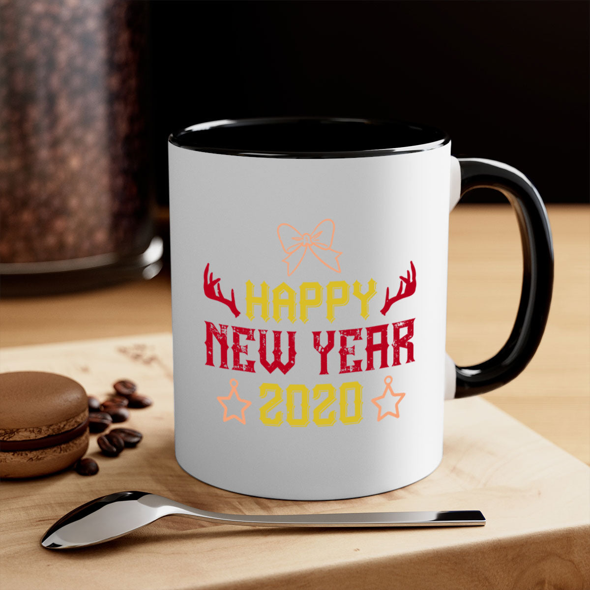 Happy New Year 435# Mug with colorful handle and glossy finish, available in multiple colors and sizes.