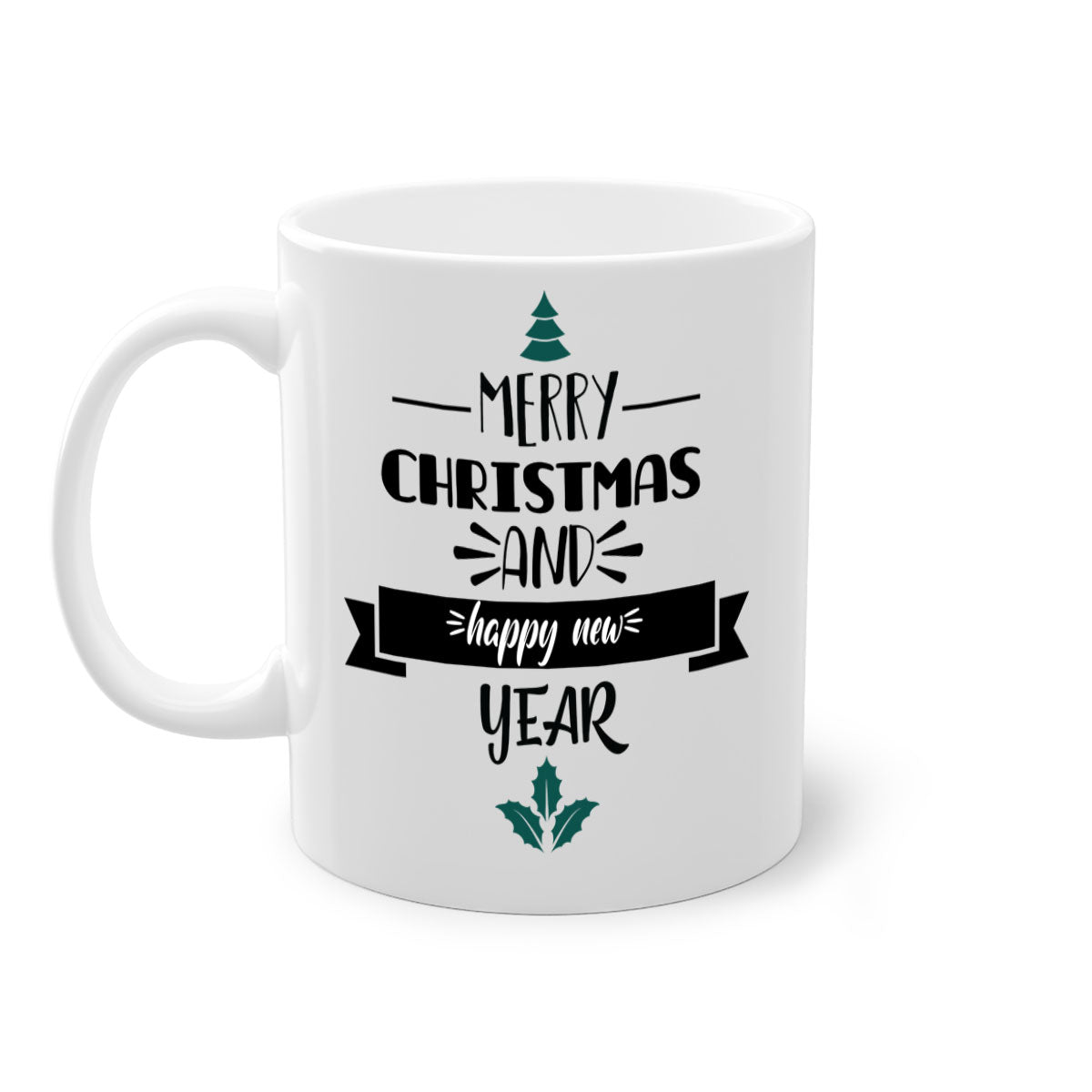 Happy New Year Mug with colorful handle and glossy finish, available in multiple colors and sizes.