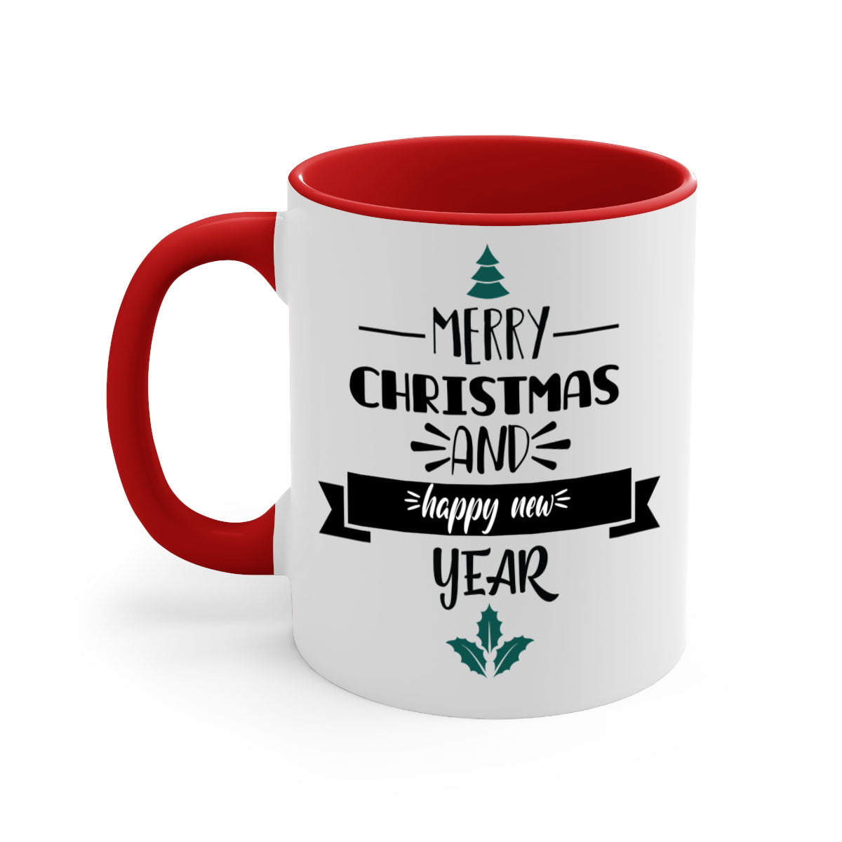 Happy New Year Mug with colorful handle and glossy finish, available in multiple colors and sizes.