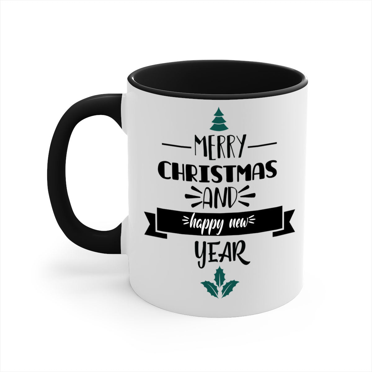 Happy New Year Mug with colorful handle and glossy finish, available in multiple colors and sizes.