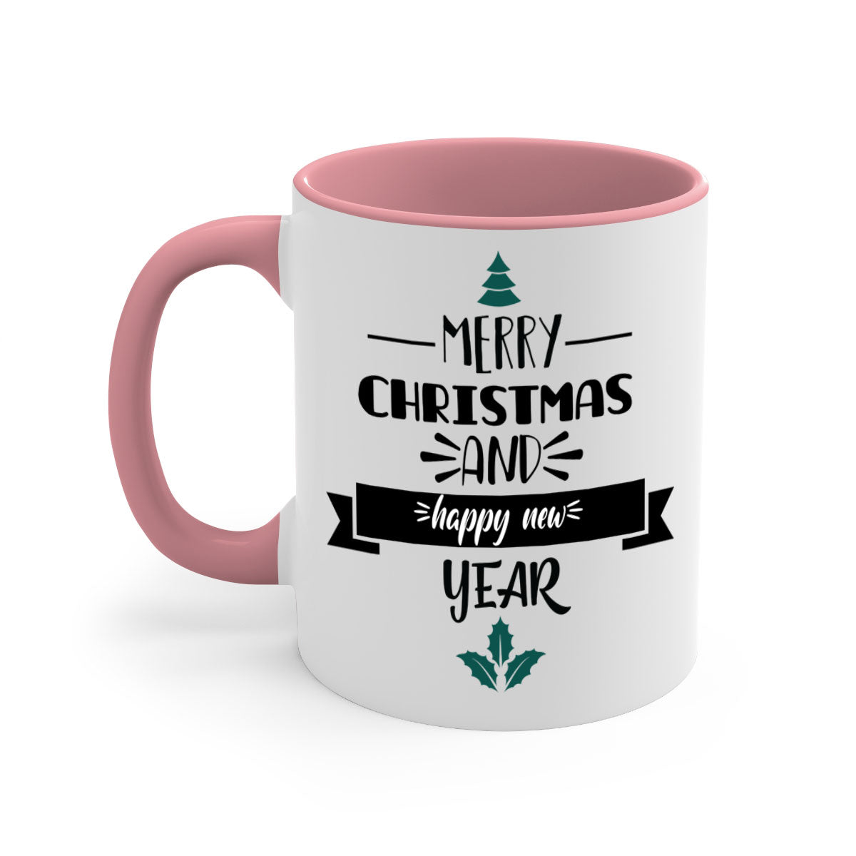 Happy New Year Mug with colorful handle and glossy finish, available in multiple colors and sizes.