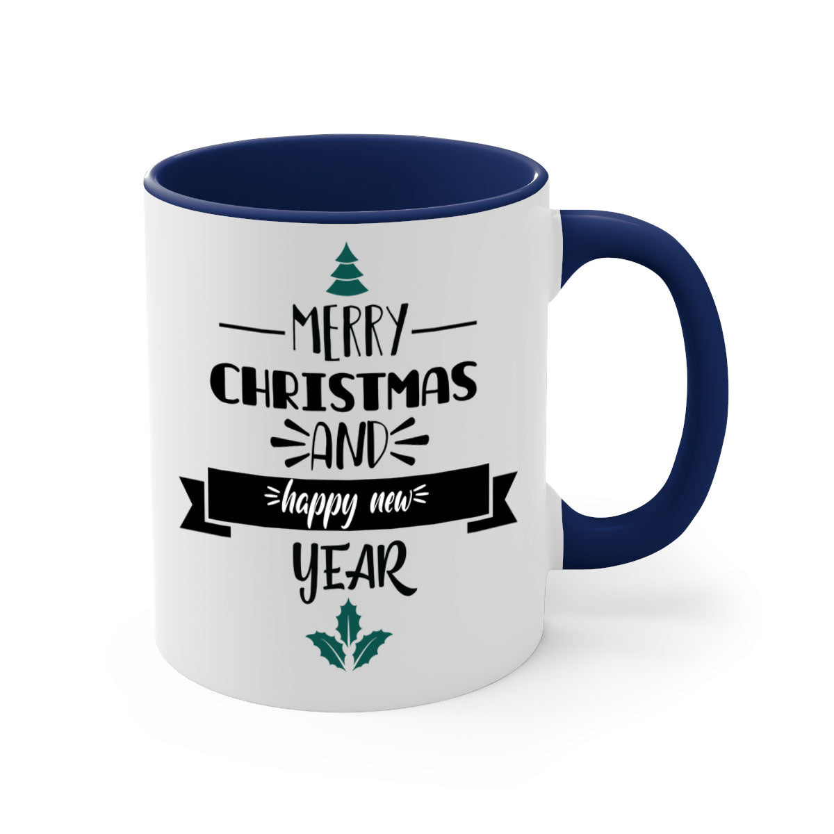 Happy New Year Mug with colorful handle and glossy finish, available in multiple colors and sizes.
