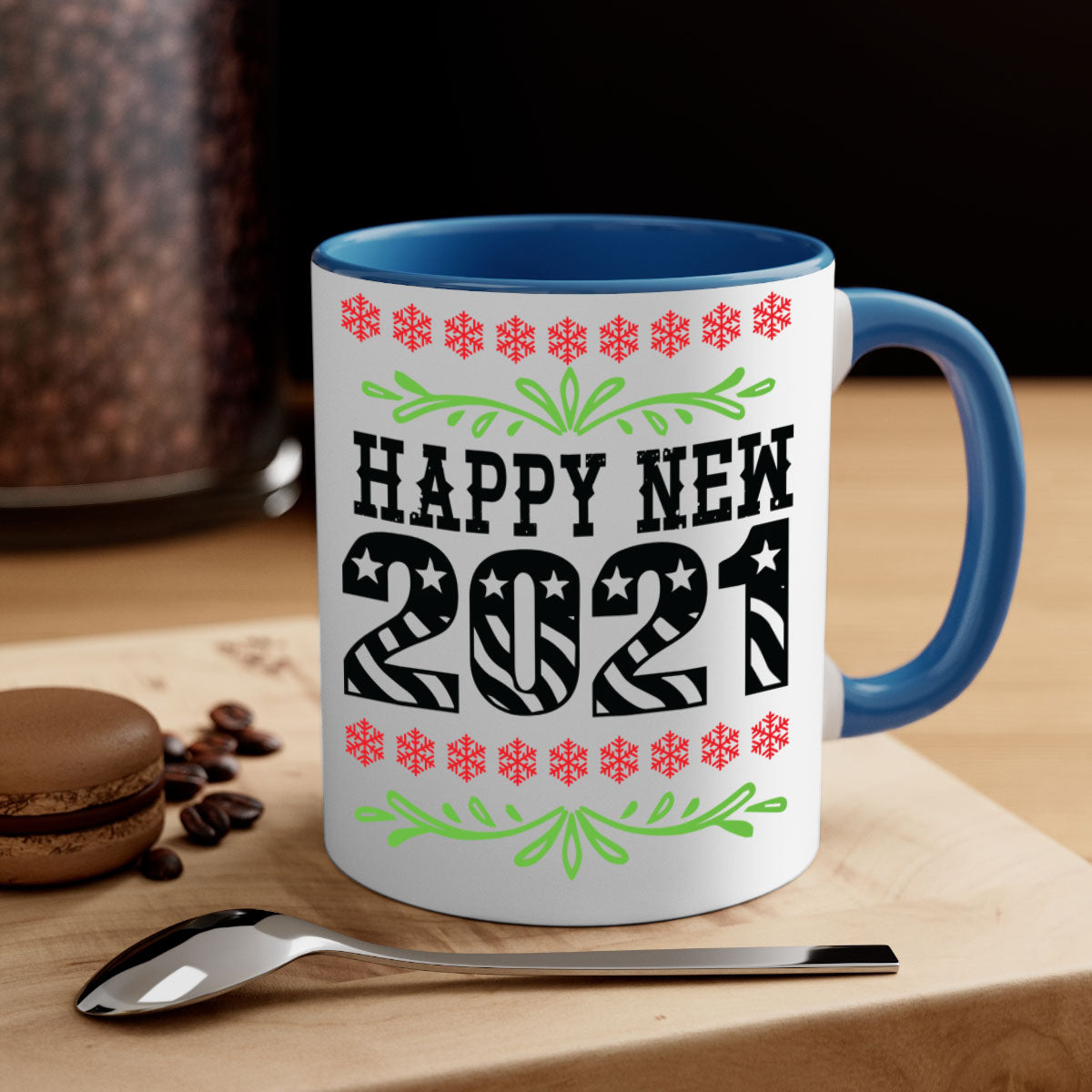Happy New Year Style 265# Mug with a glossy finish, featuring a colored handle and interior, available in five colors.