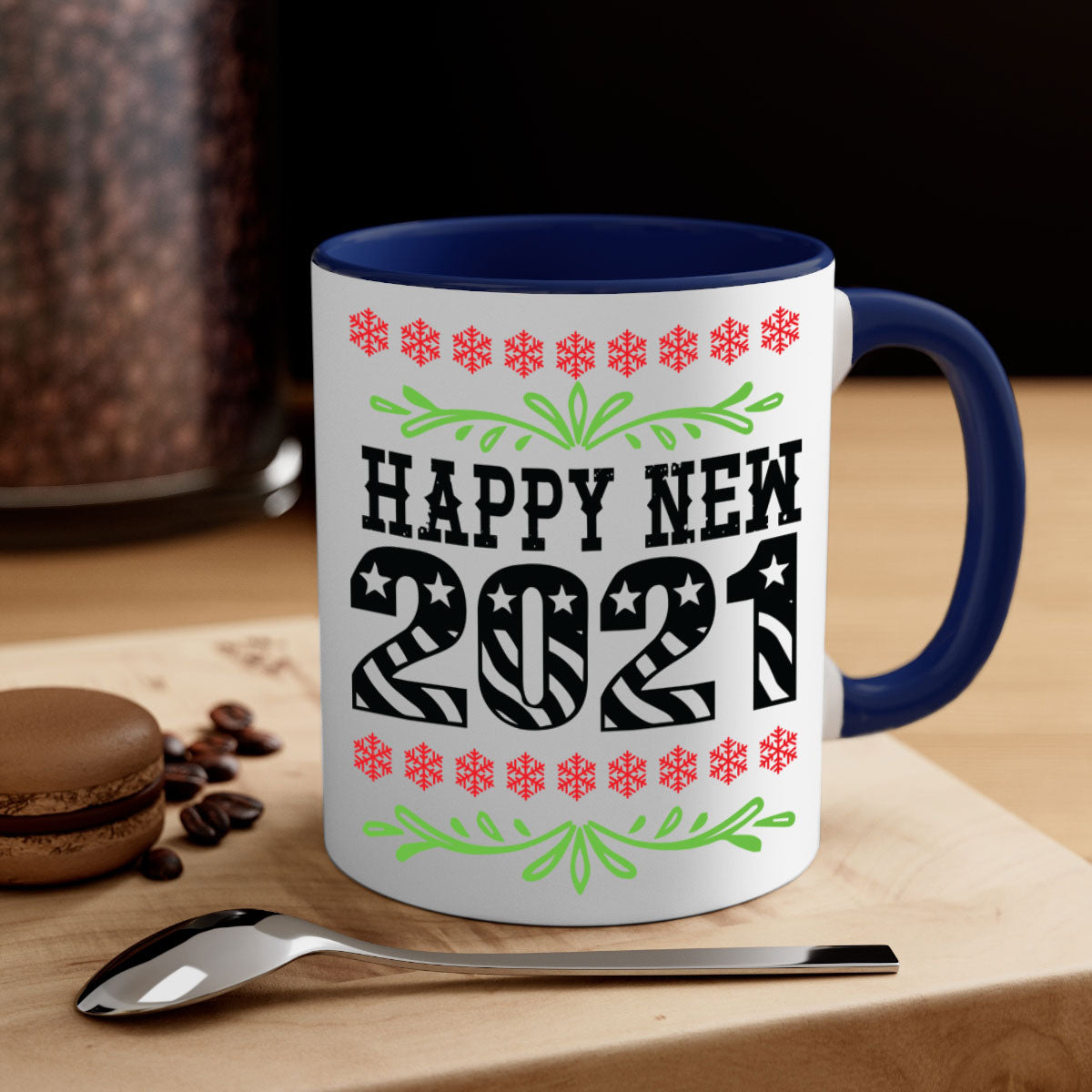 Happy New Year Style 265# Mug with a glossy finish, featuring a colored handle and interior, available in five colors.