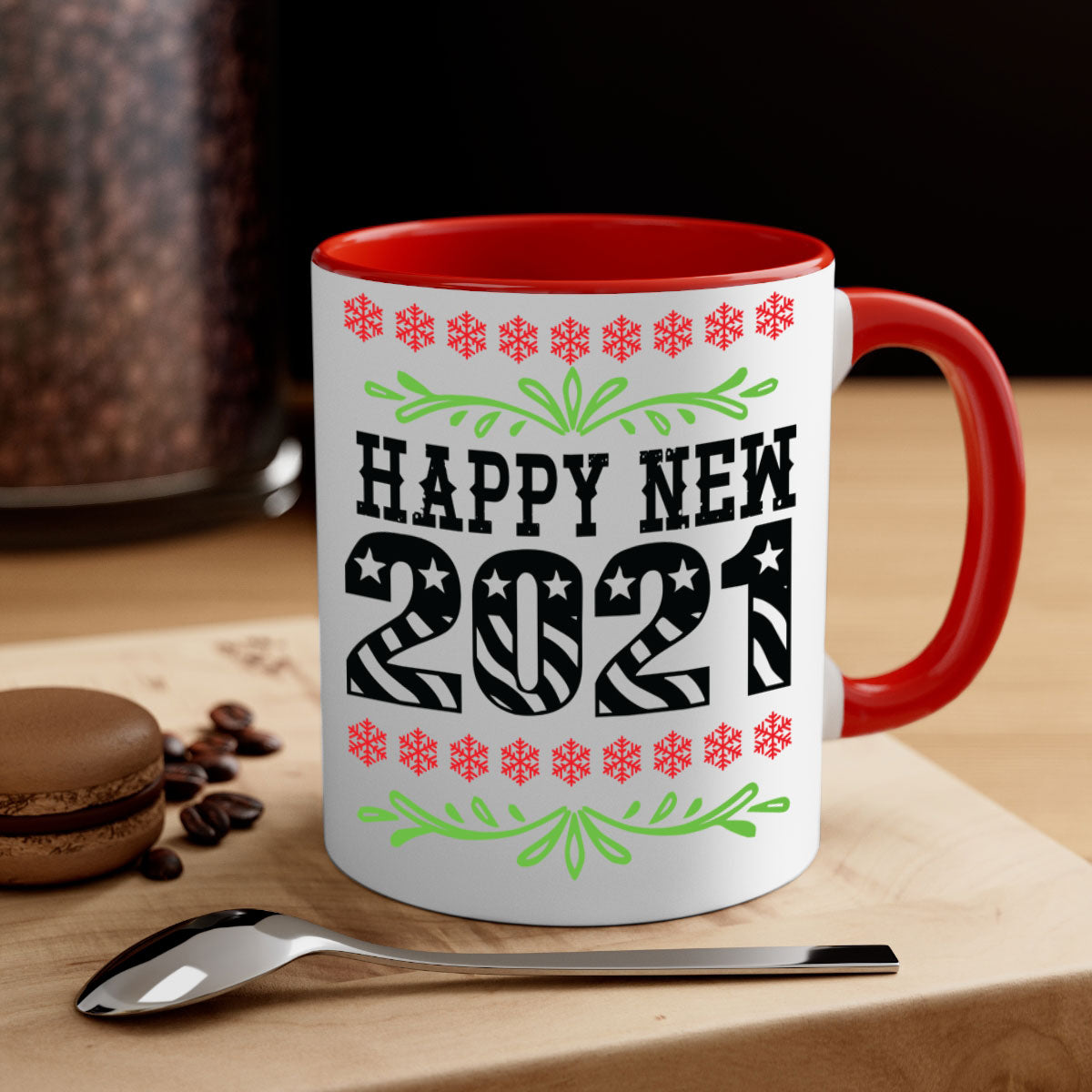 Happy New Year Style 265# Mug with a glossy finish, featuring a colored handle and interior, available in five colors.