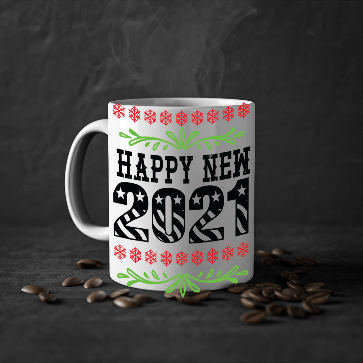 Happy New Year Style 265# Mug with a glossy finish, featuring a colored handle and interior, available in five colors.