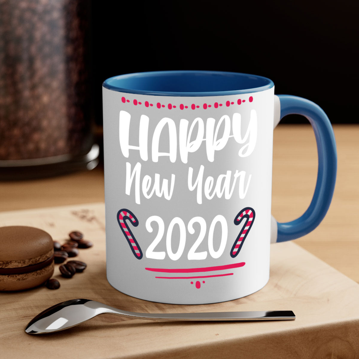 Happy New Year Style 267# Christmas Mug with colorful handle and glossy finish, available in multiple colors.
