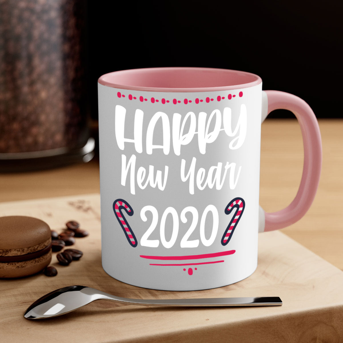 Happy New Year Style 267# Christmas Mug with colorful handle and glossy finish, available in multiple colors.