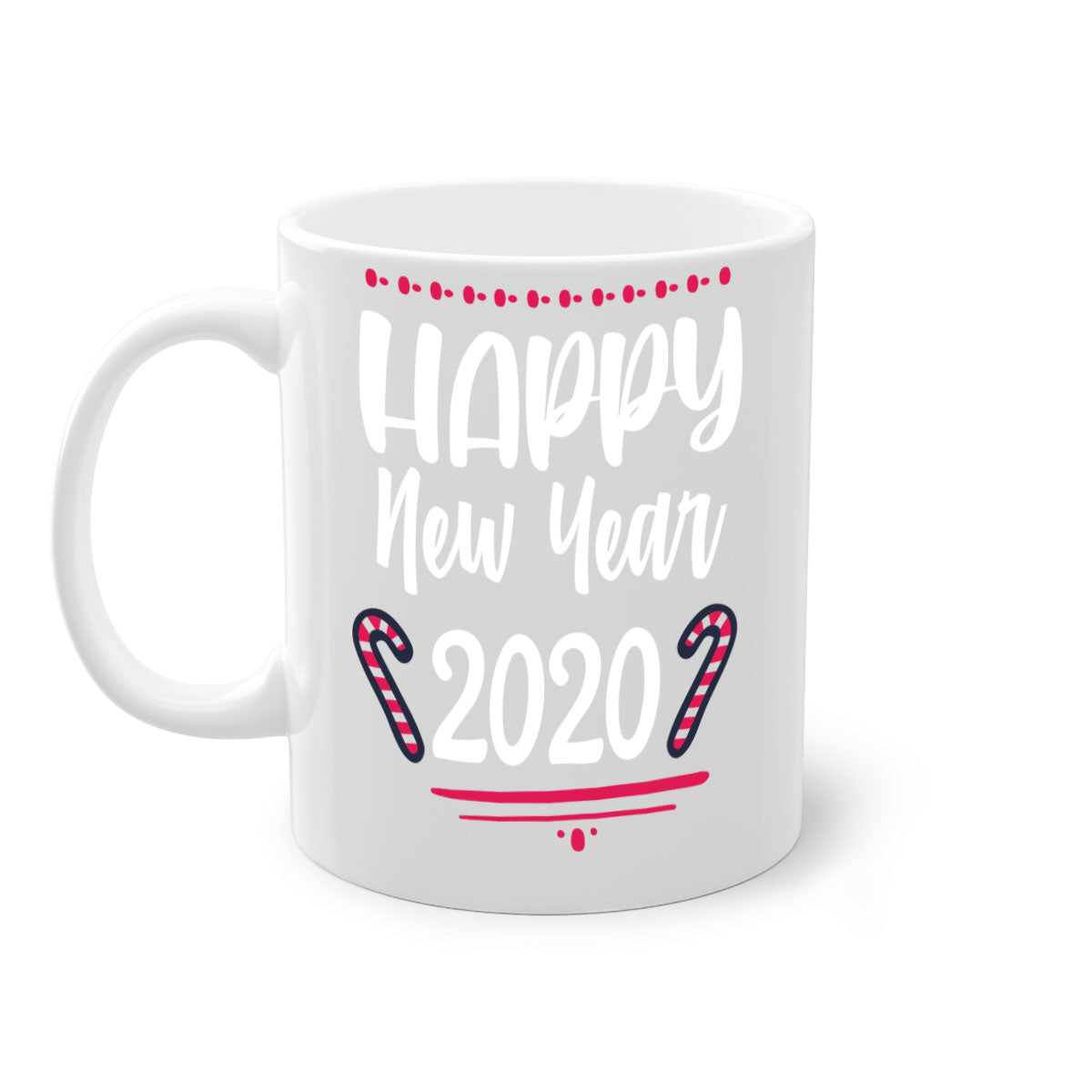 Happy New Year Style 267# Christmas Mug with colorful handle and glossy finish, available in multiple colors.