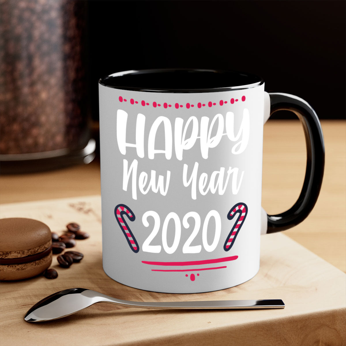 Happy New Year Style 267# Christmas Mug with colorful handle and glossy finish, available in multiple colors.