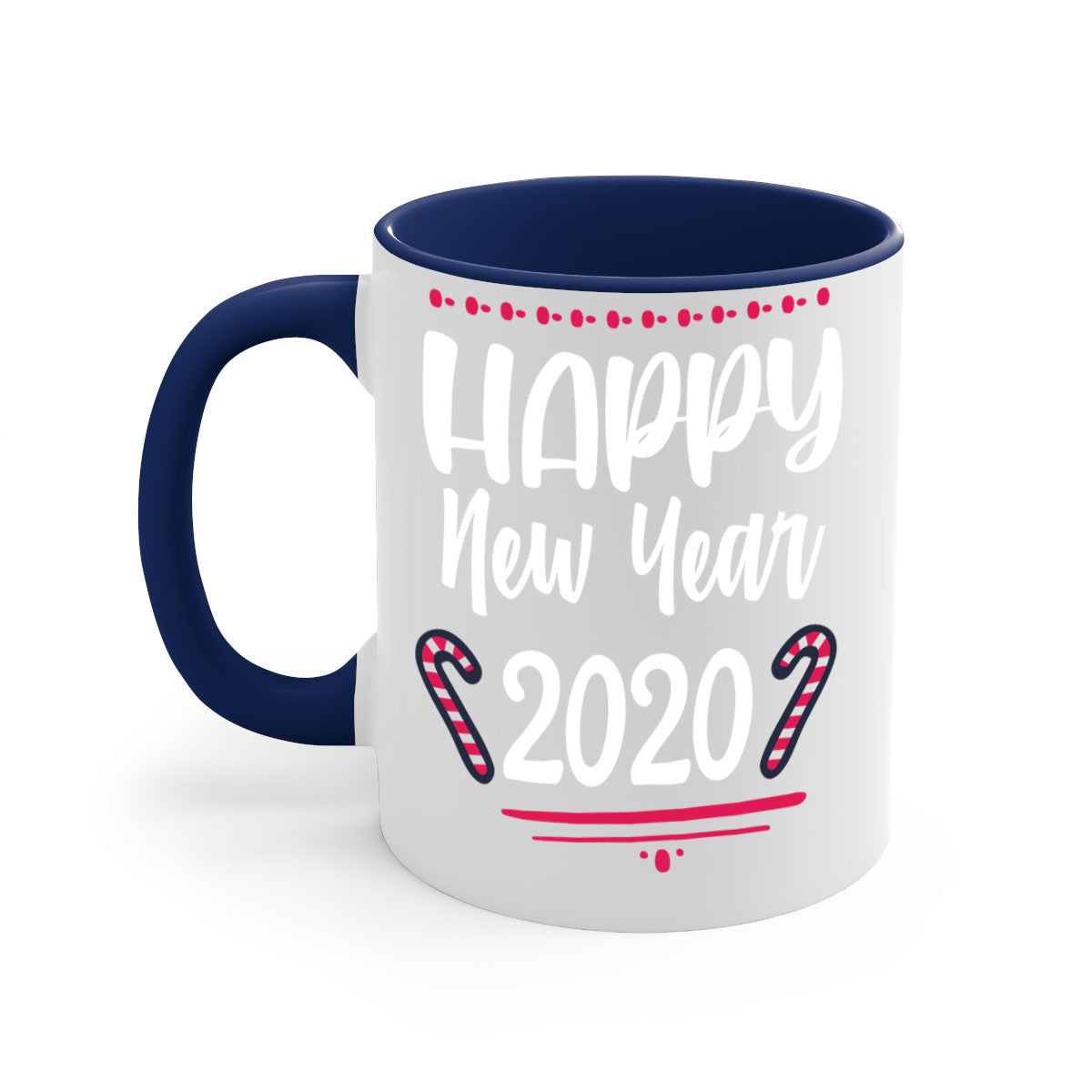 Happy New Year Style 267# Christmas Mug with colorful handle and glossy finish, available in multiple colors.