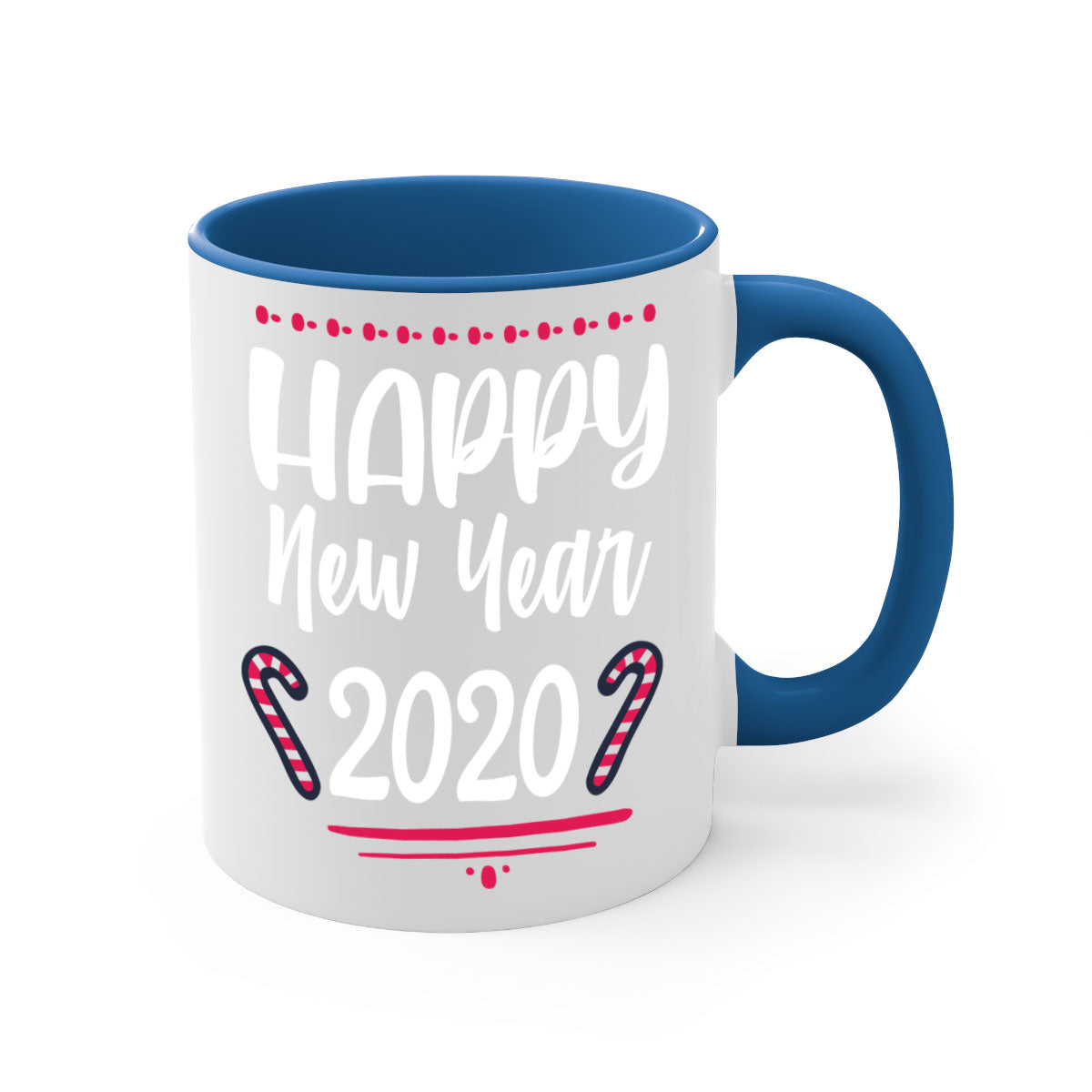 Happy New Year Style 267# Christmas Mug with colorful handle and glossy finish, available in multiple colors.
