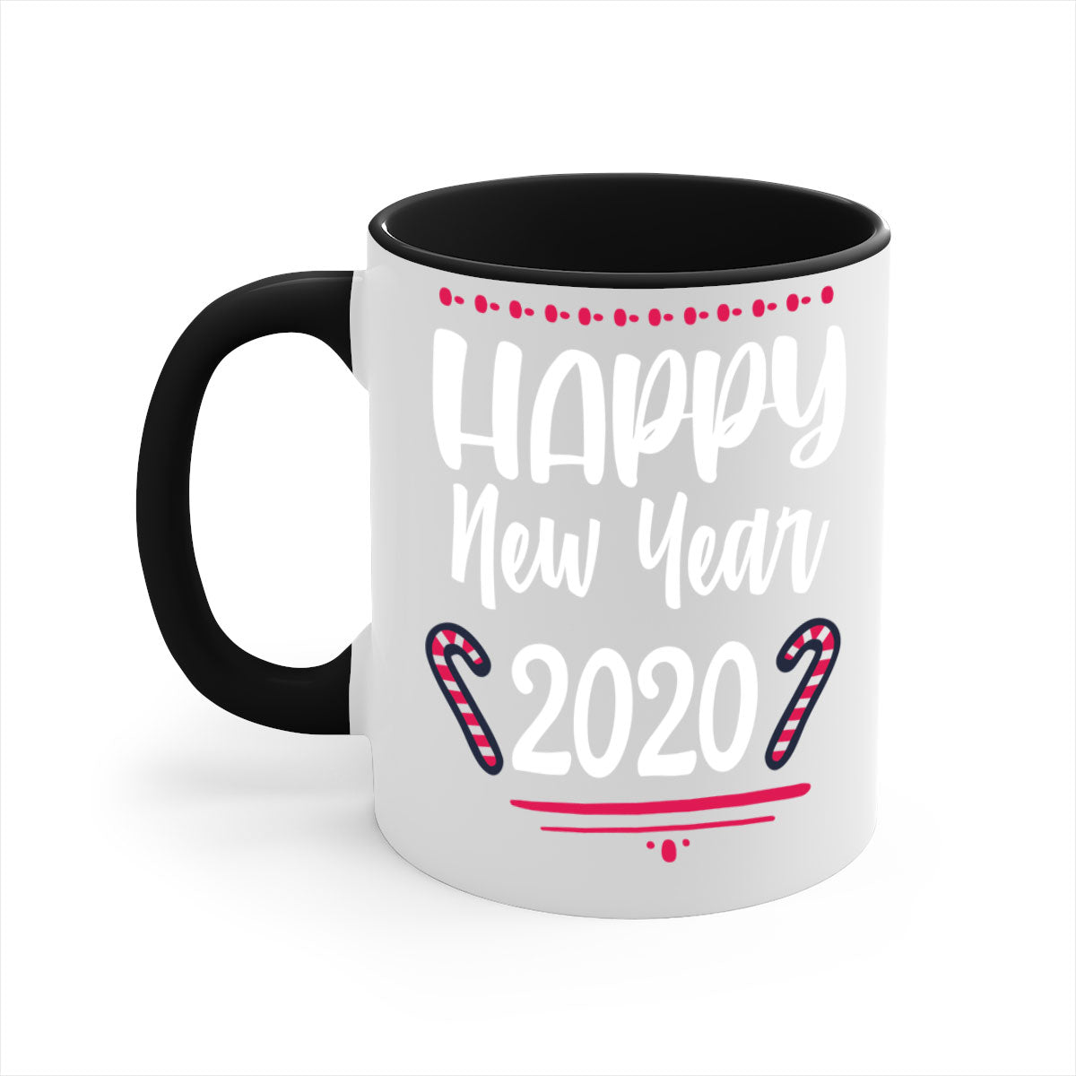 Happy New Year Style 267# Christmas Mug with colorful handle and glossy finish, available in multiple colors.