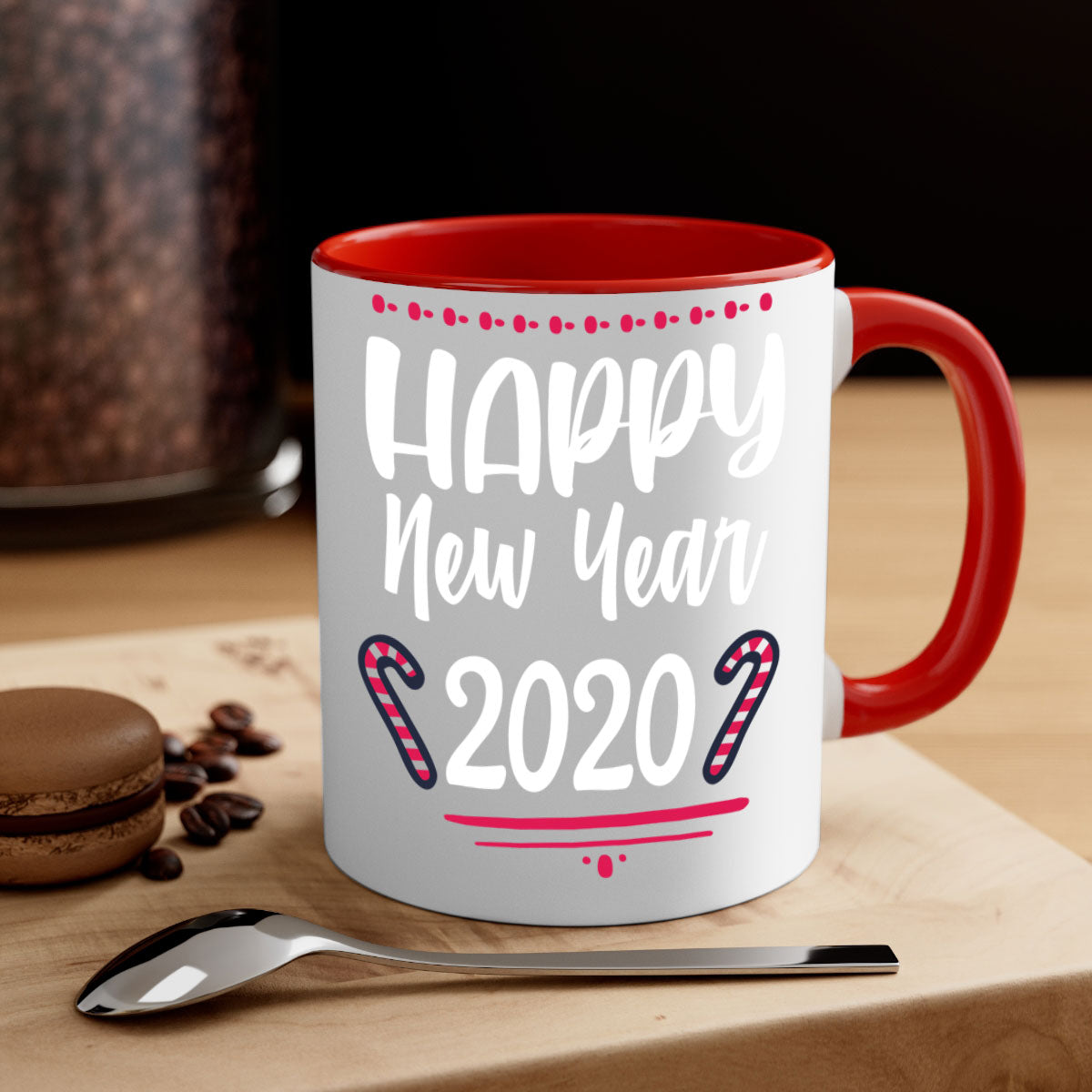 Happy New Year Style 267# Christmas Mug with colorful handle and glossy finish, available in multiple colors.