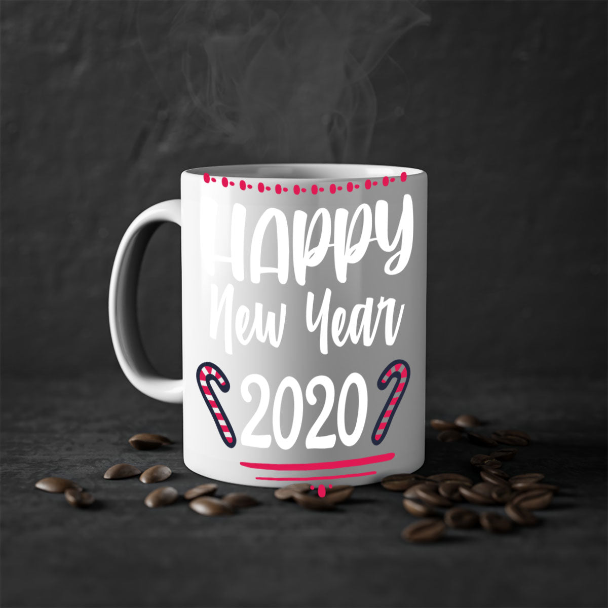 Happy New Year Style 267# Christmas Mug with colorful handle and glossy finish, available in multiple colors.