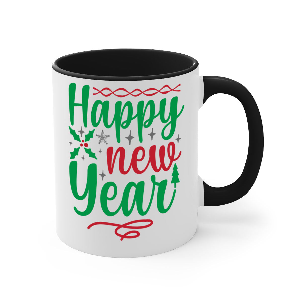 Happy New Year Style 269# Mug with colorful handle and glossy finish, available in multiple colors and sizes.