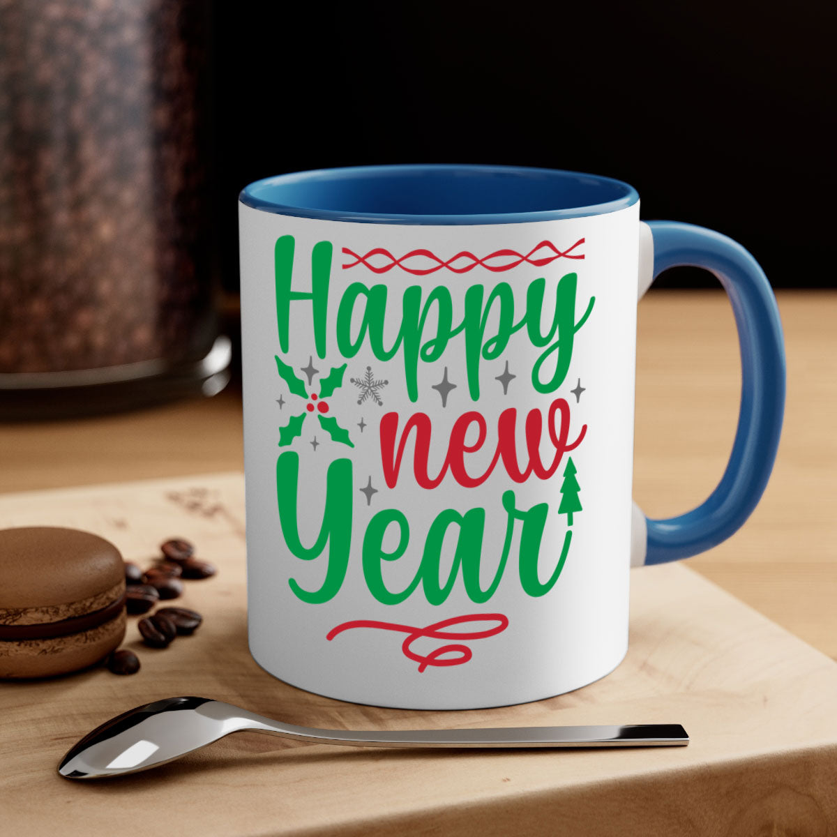 Happy New Year Style 269# Mug with colorful handle and glossy finish, available in multiple colors and sizes.