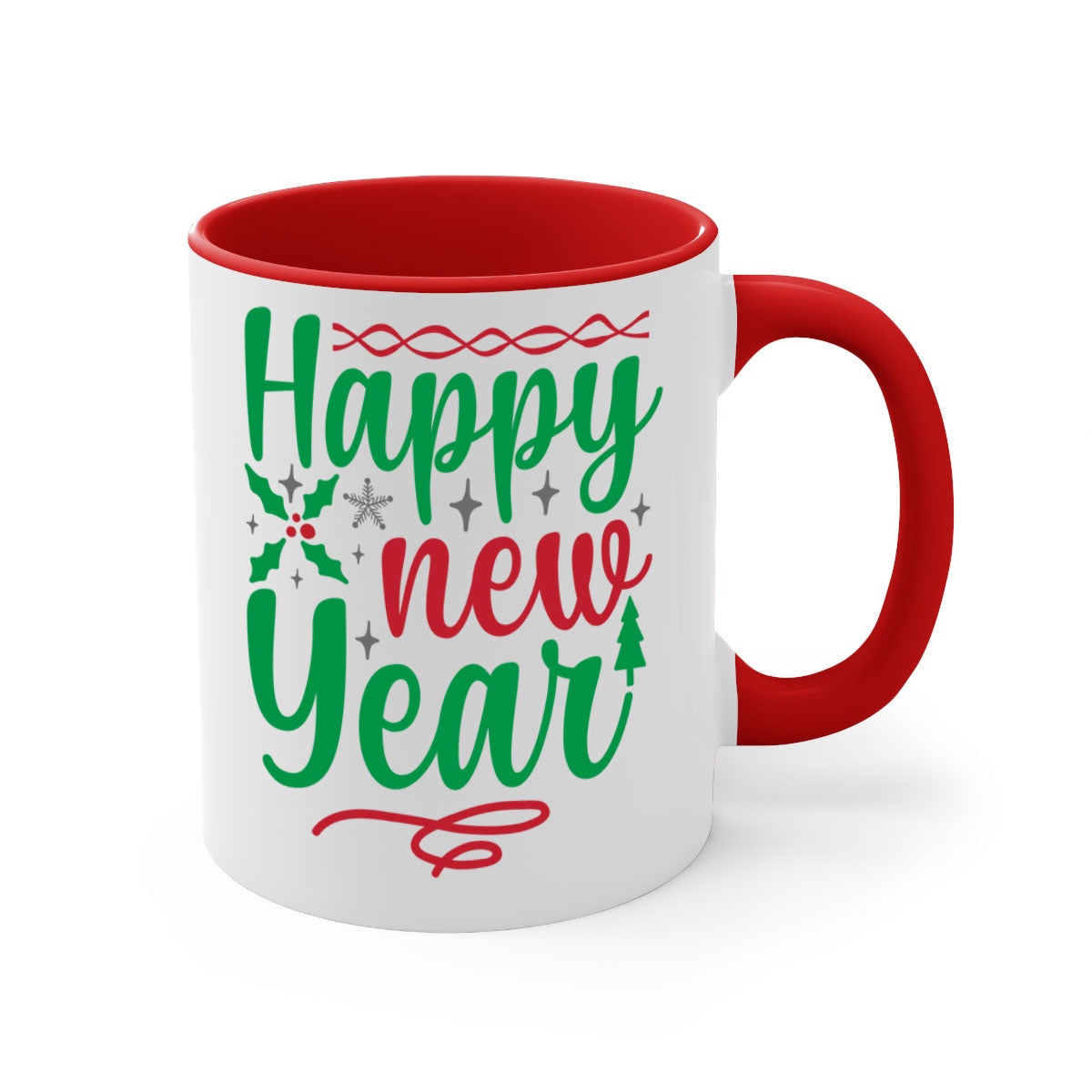 Happy New Year Style 269# Mug with colorful handle and glossy finish, available in multiple colors and sizes.