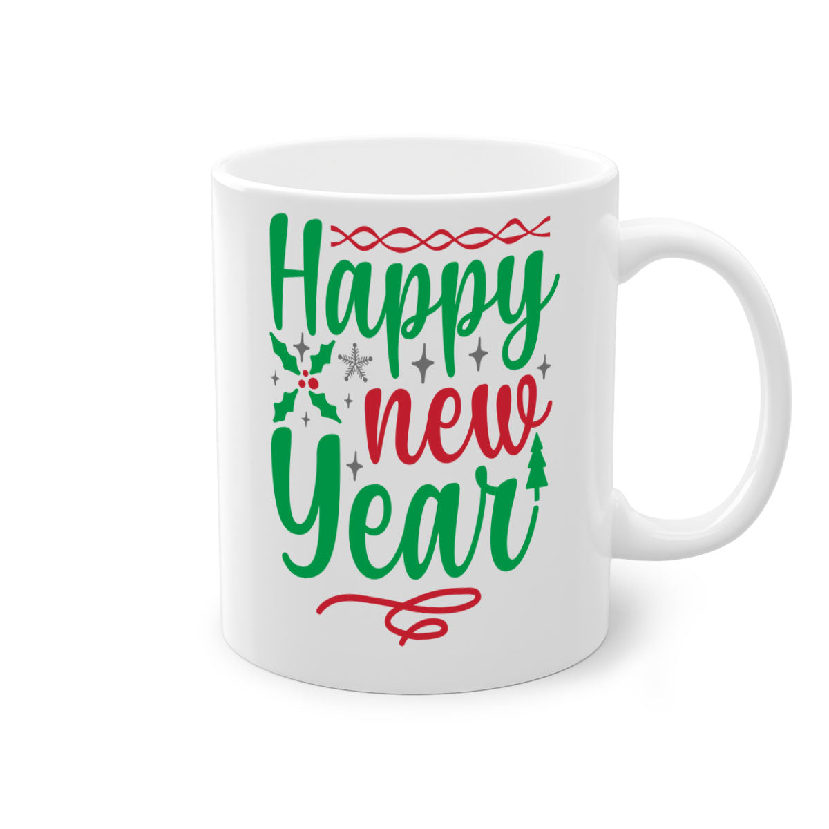 Happy New Year Style 269# Mug with colorful handle and glossy finish, available in multiple colors and sizes.