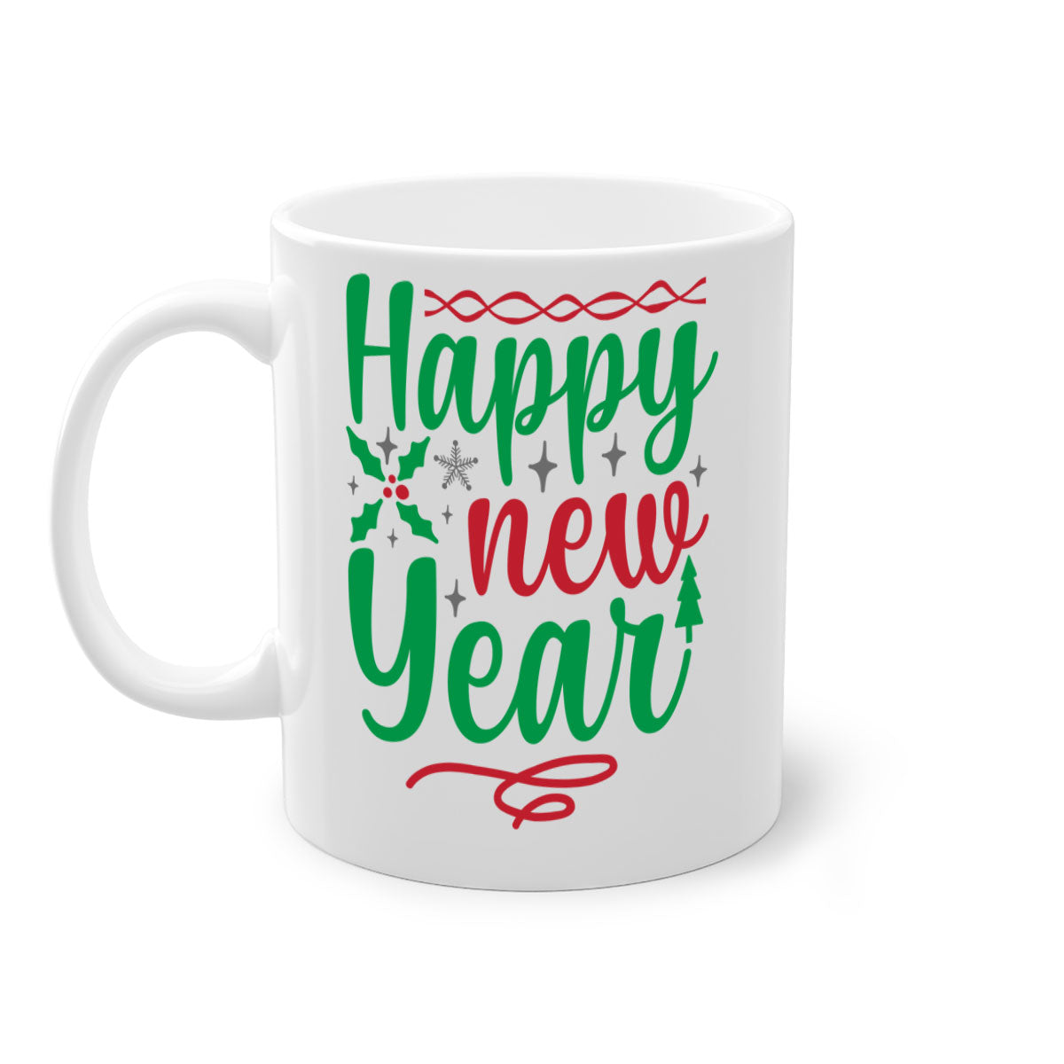Happy New Year Style 269# Mug with colorful handle and glossy finish, available in multiple colors and sizes.