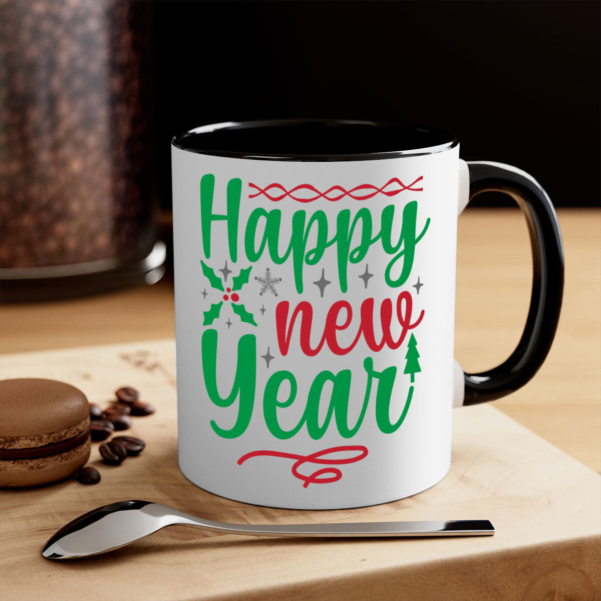 Happy New Year Style 269# Mug with colorful handle and glossy finish, available in multiple colors and sizes.