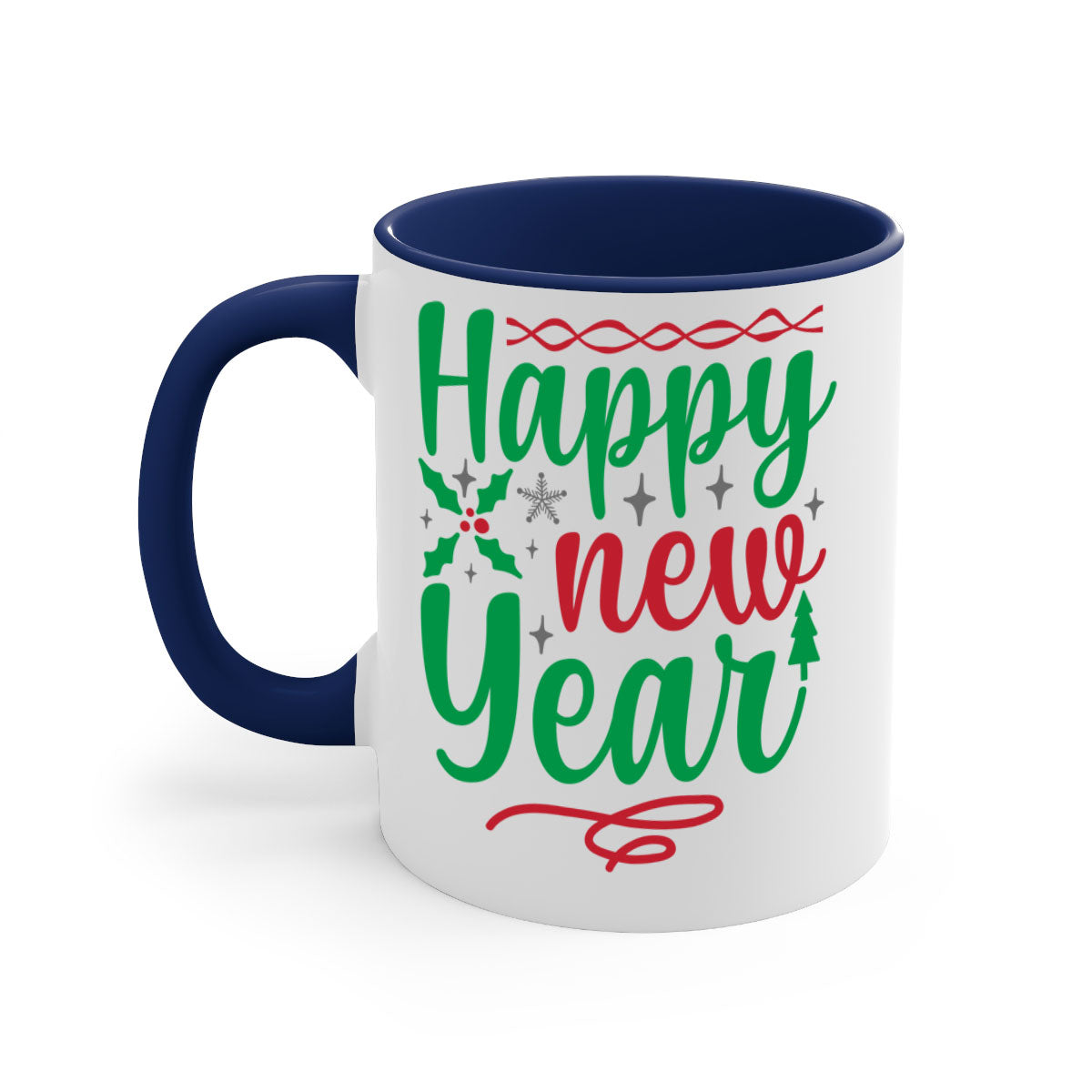 Happy New Year Style 269# Mug with colorful handle and glossy finish, available in multiple colors and sizes.