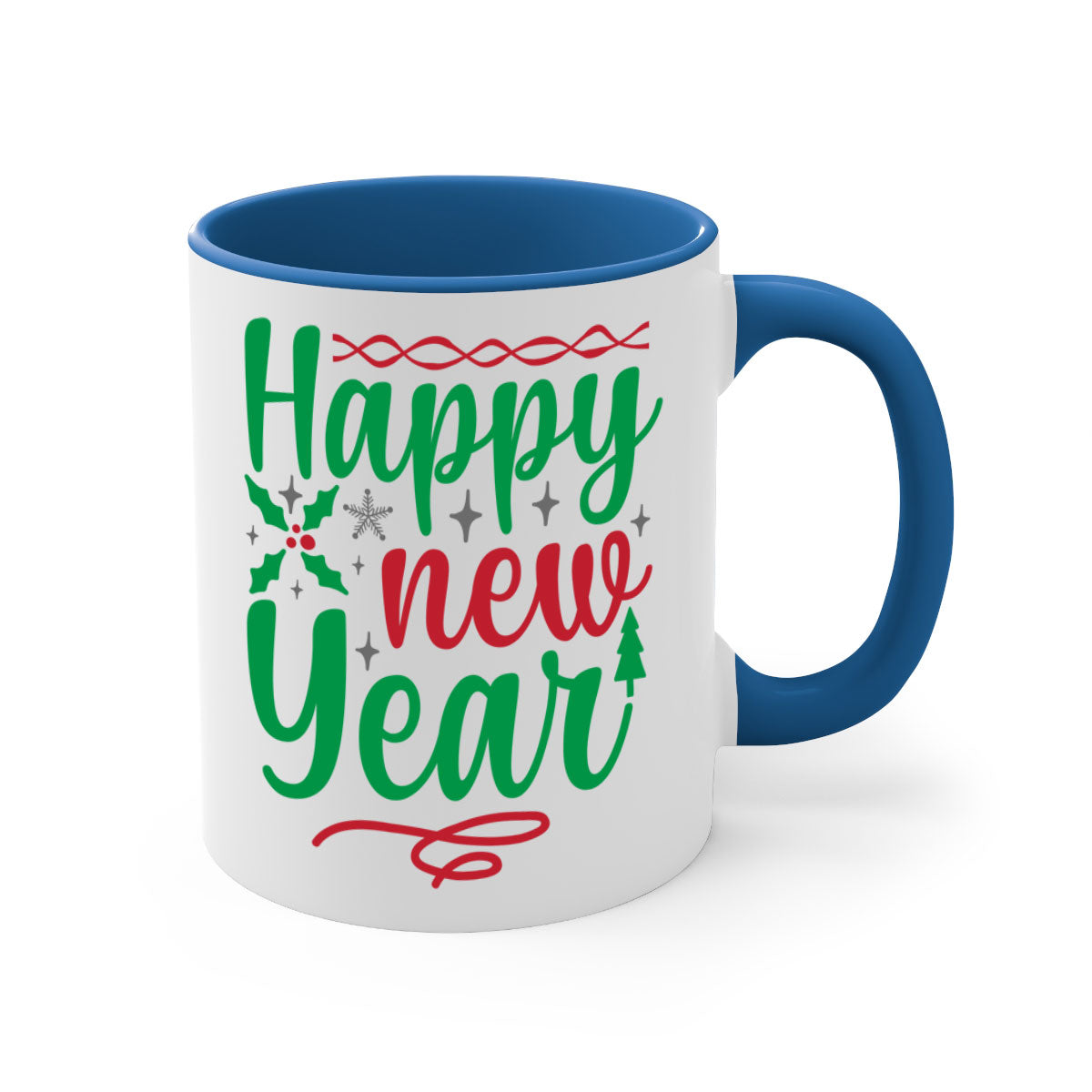 Happy New Year Style 269# Mug with colorful handle and glossy finish, available in multiple colors and sizes.