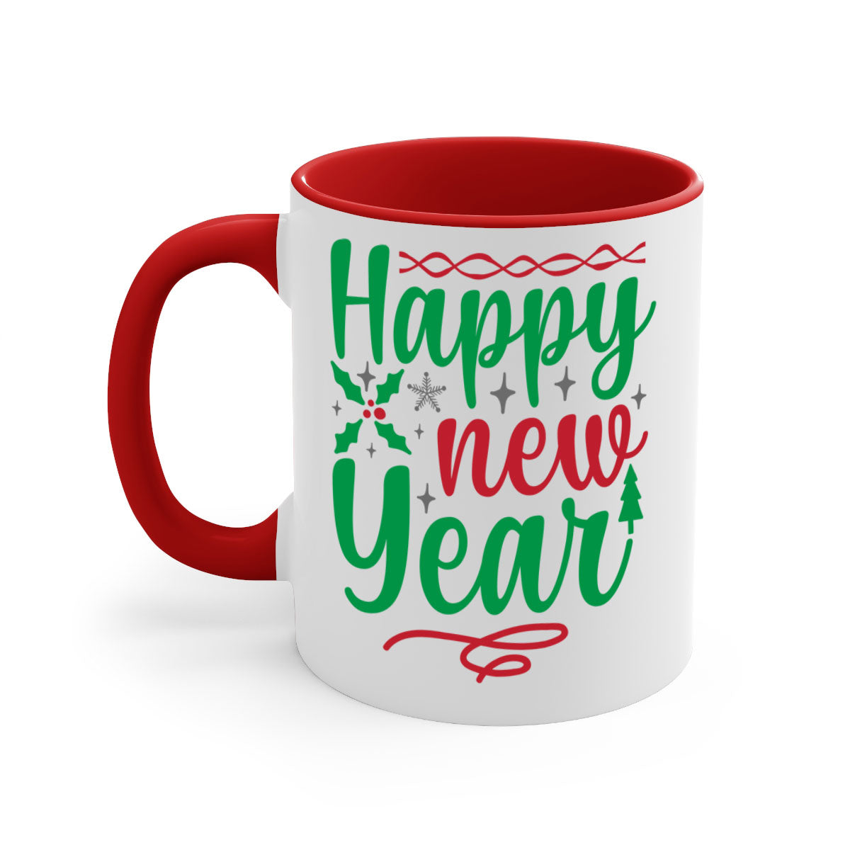 Happy New Year Style 269# Mug with colorful handle and glossy finish, available in multiple colors and sizes.