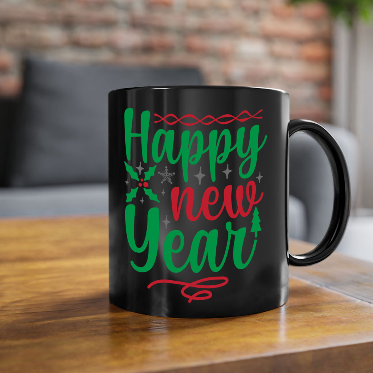 Happy New Year Style 269# Mug with colorful handle and glossy finish, available in multiple colors and sizes.