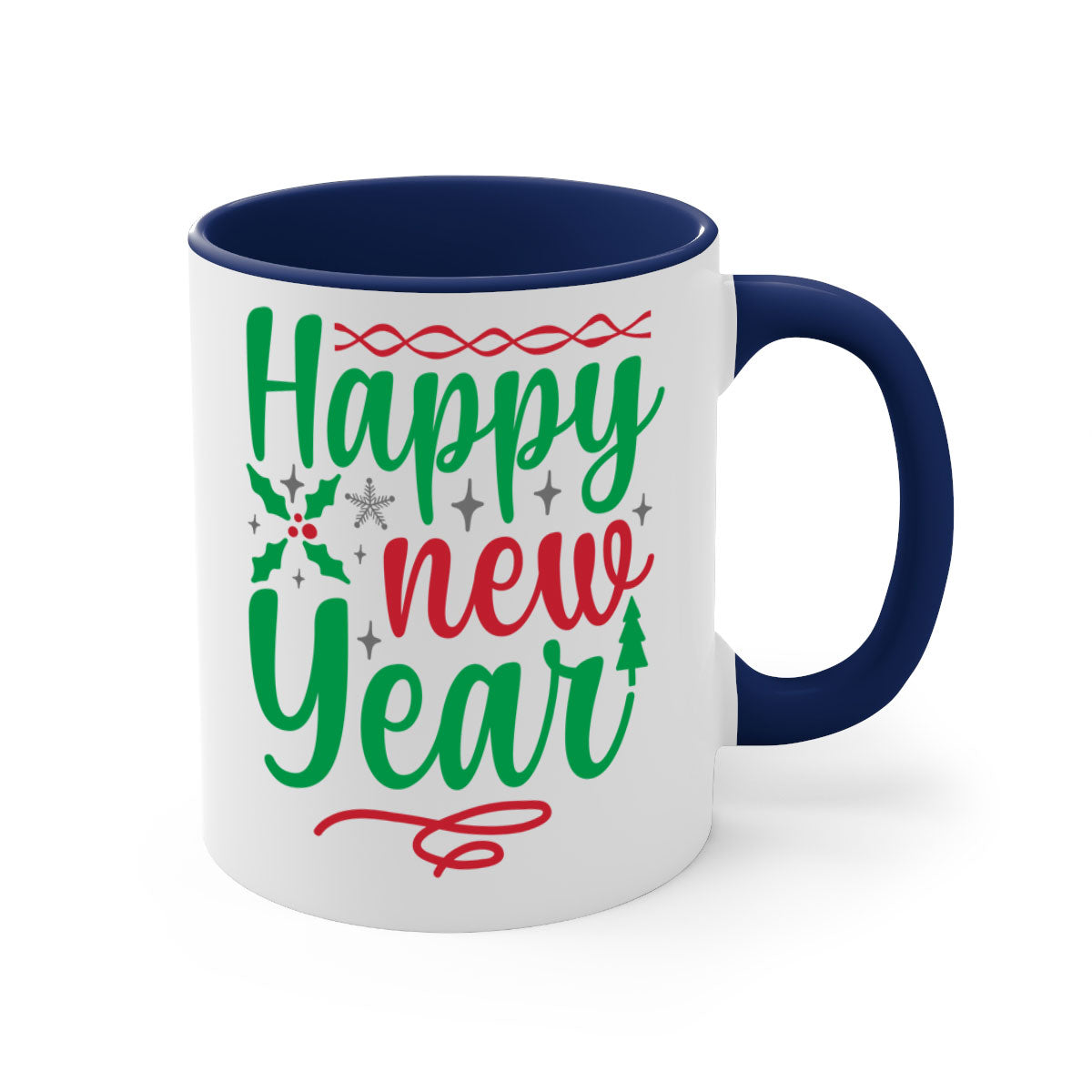 Happy New Year Style 269# Mug with colorful handle and glossy finish, available in multiple colors and sizes.