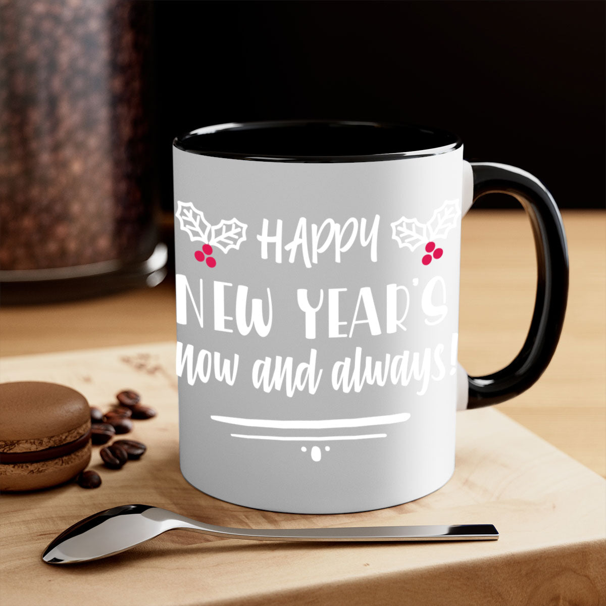 Happy New Year's Mug featuring a glossy finish with a colored handle and interior, available in five vibrant colors.