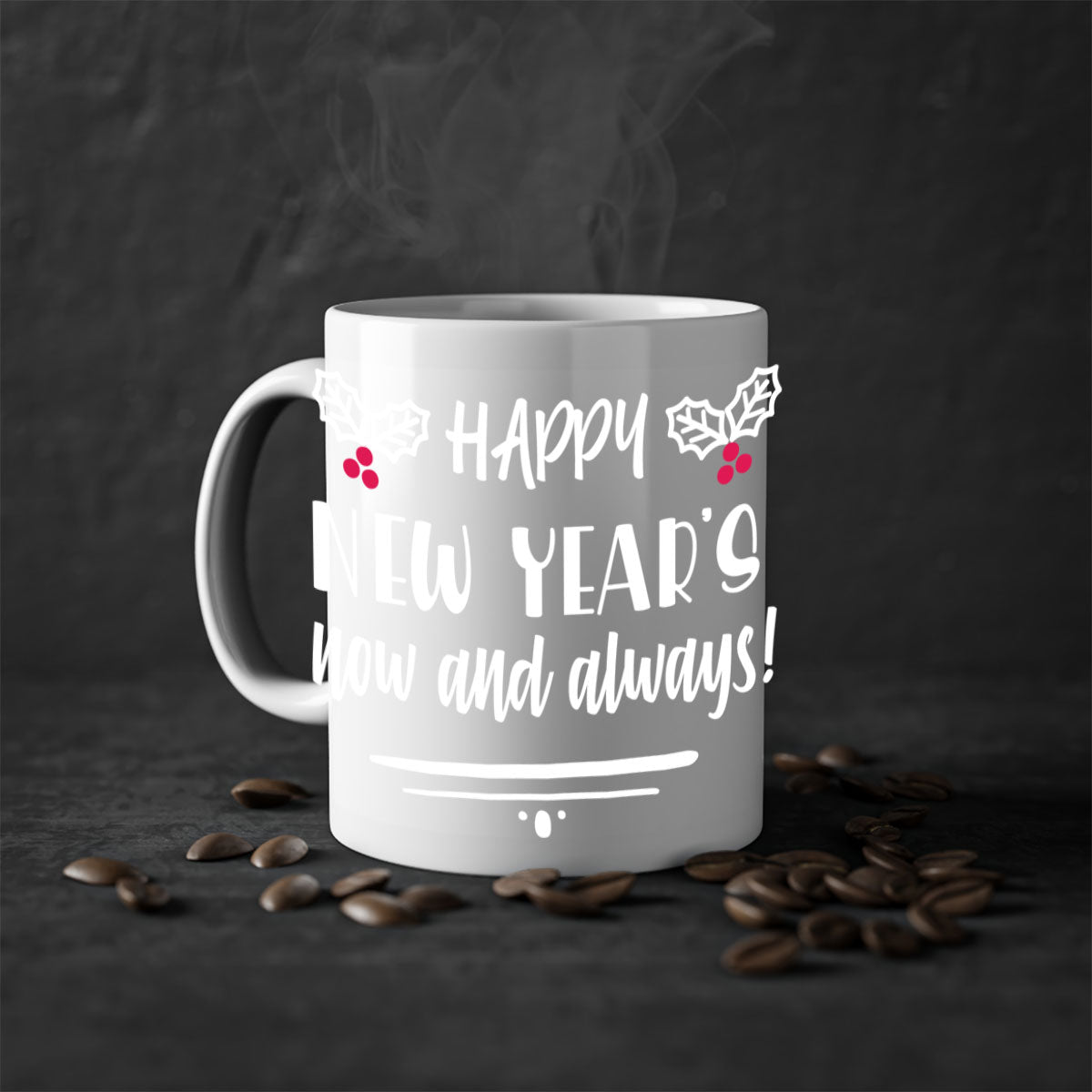 Happy New Year's Mug featuring a glossy finish with a colored handle and interior, available in five vibrant colors.