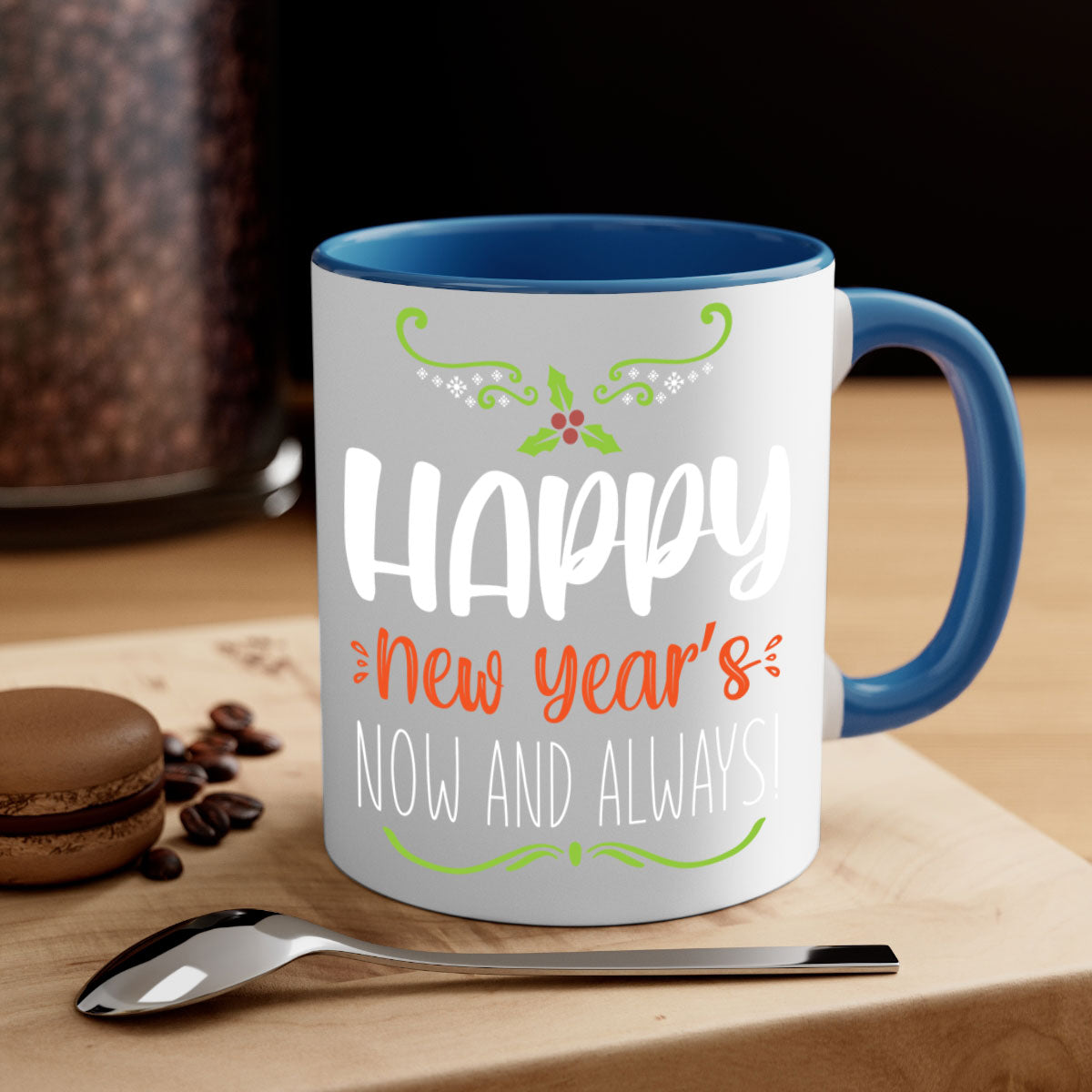 Happy New Year's Mug with colorful handle and glossy finish, available in multiple colors and sizes.