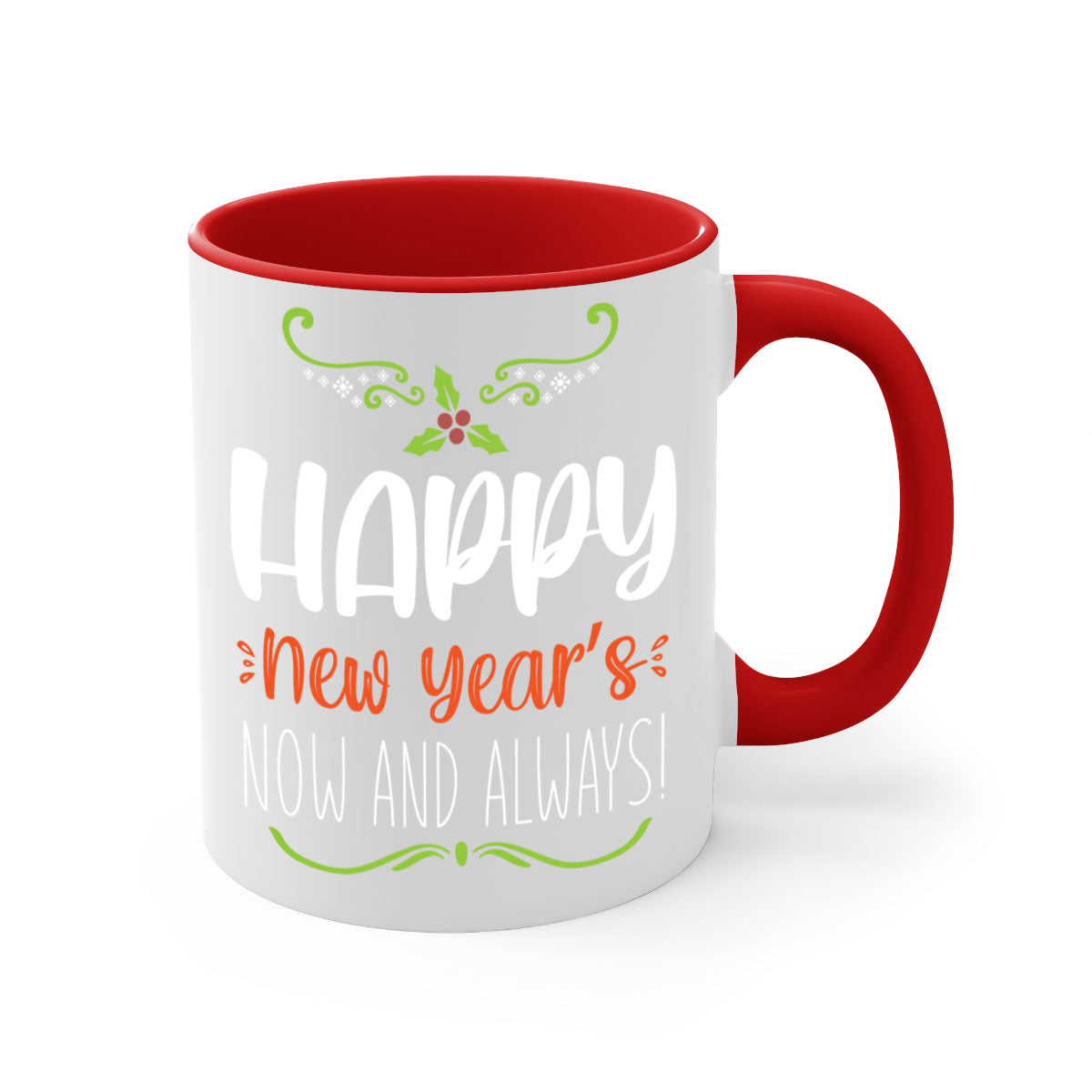 Happy New Year's Mug with colorful handle and glossy finish, available in multiple colors and sizes.