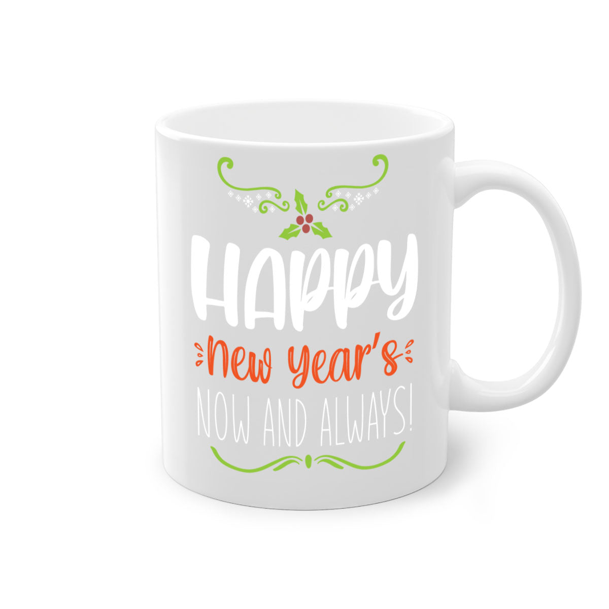 Happy New Year's Mug with colorful handle and glossy finish, available in multiple colors and sizes.